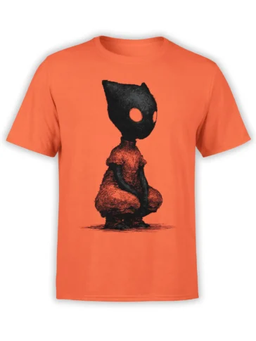 Front view of orange unisex shirt with black sketch-style crouching cat creature and hollow eyes centered on the chest