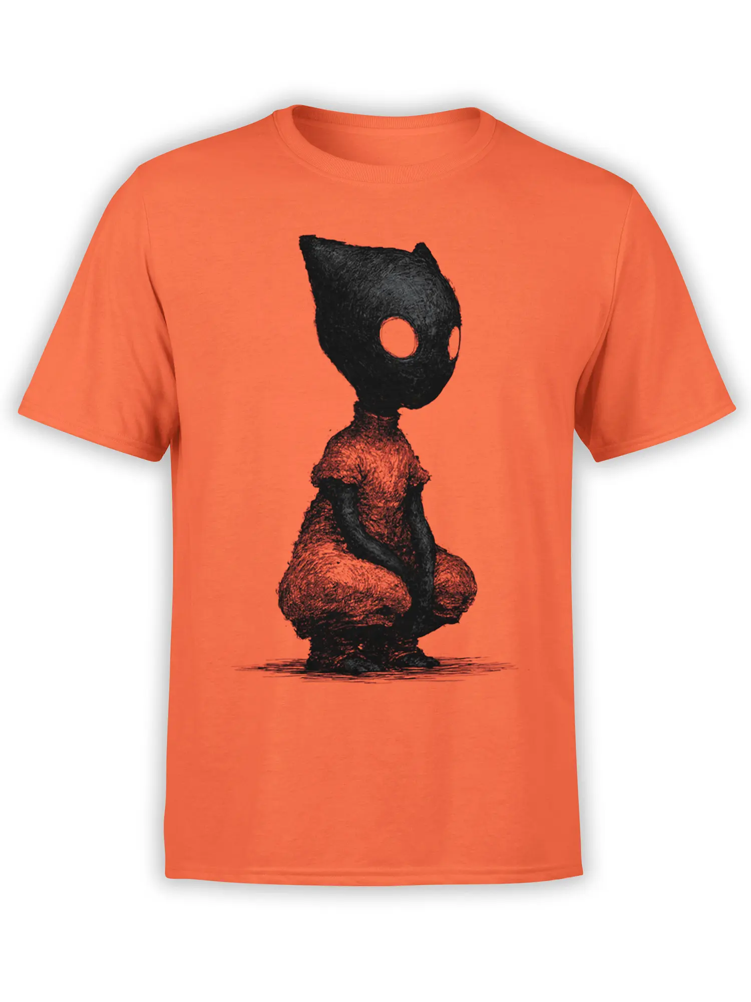 Front view of orange unisex shirt with black sketch-style crouching cat creature and hollow eyes centered on the chest