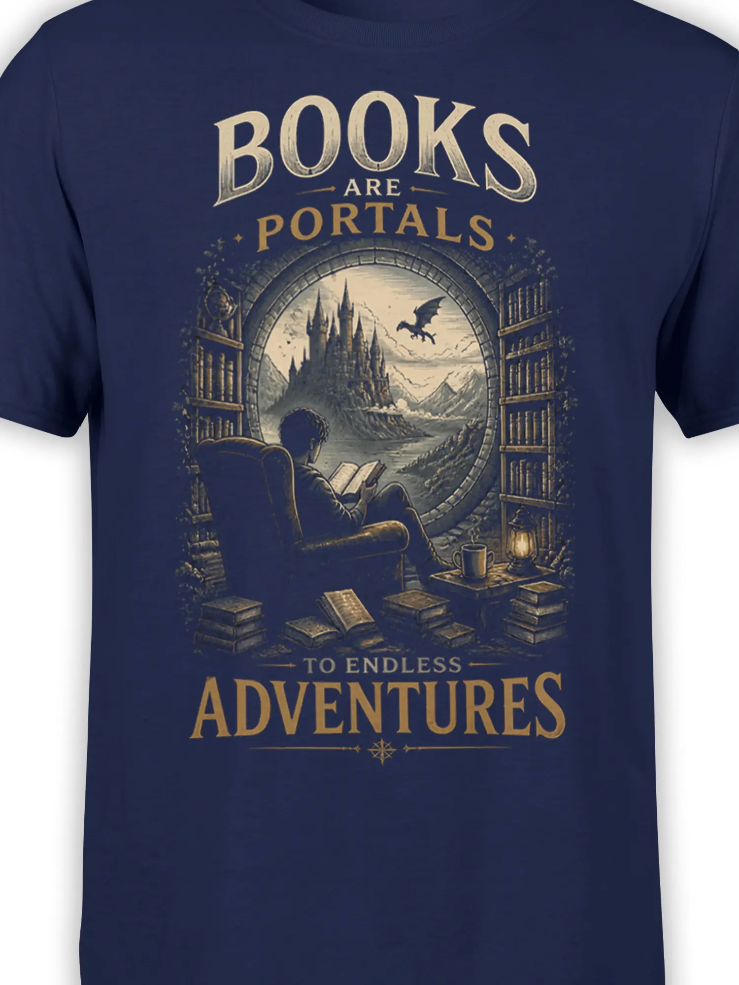 close-up of fantasy book lover design showing reader, circular portal, castle, dragon, and stacked books on navy fabric