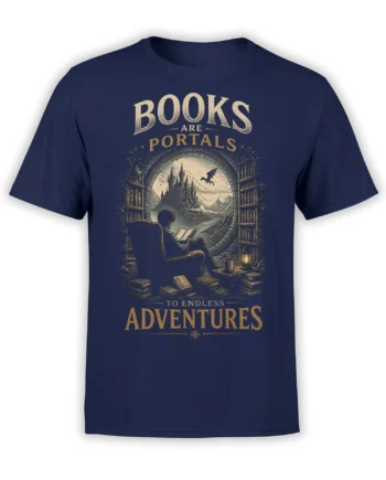 navy book lover T-shirt with fantasy portal art of reader, castle, dragon, and quote Books Are Portals To Endless Adventures