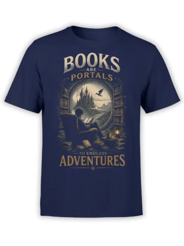navy book lover T-shirt with fantasy portal art of reader, castle, dragon, and quote Books Are Portals To Endless Adventures