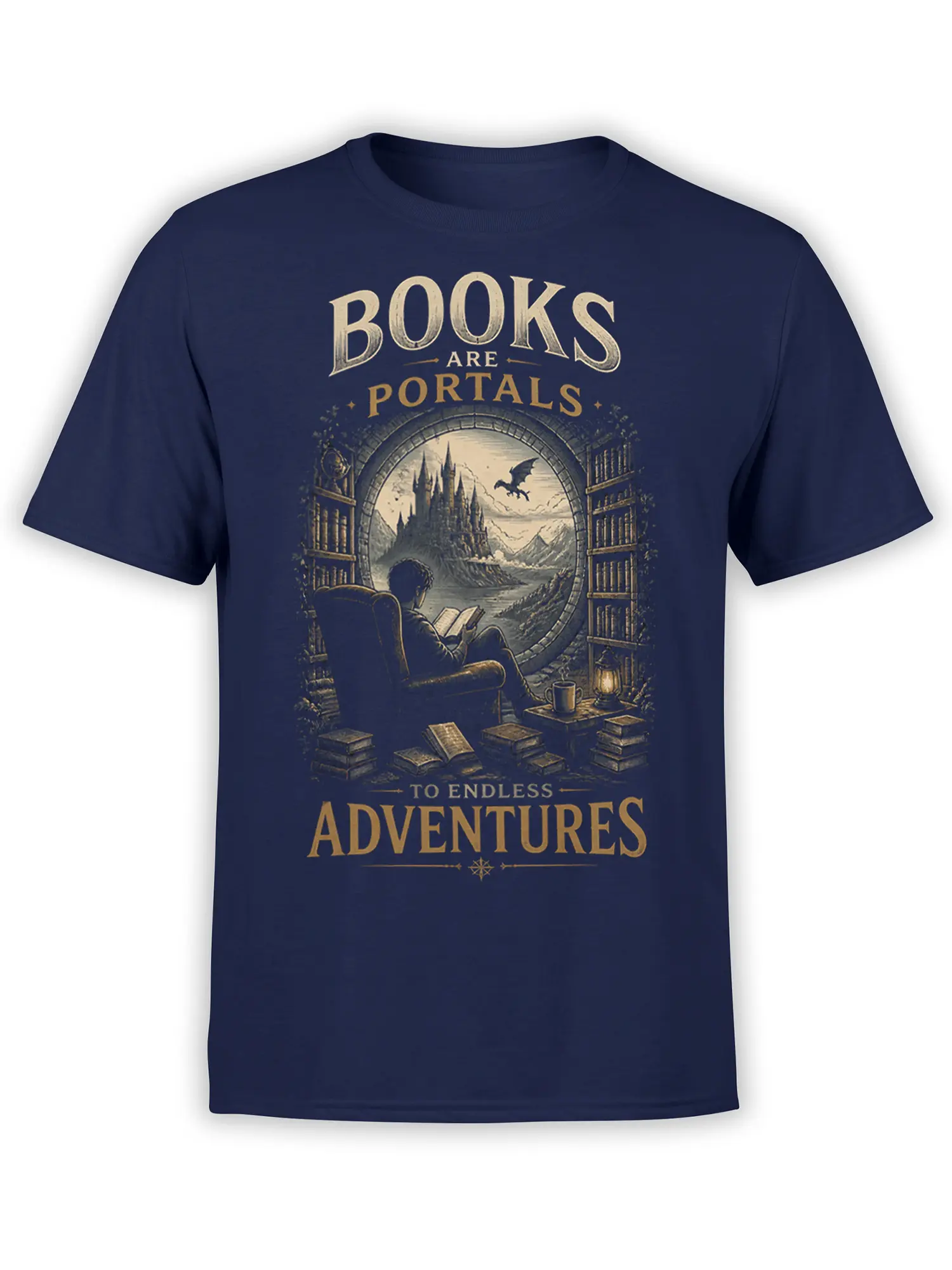 navy book lover T-shirt with fantasy portal art of reader, castle, dragon, and quote Books Are Portals To Endless Adventures