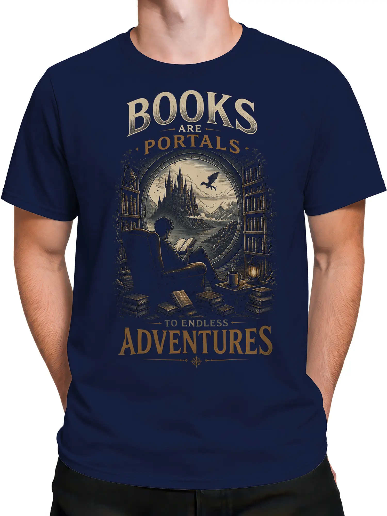man wearing navy book lover T-shirt with fantasy portal illustration and Books Are Portals To Endless Adventures slogan