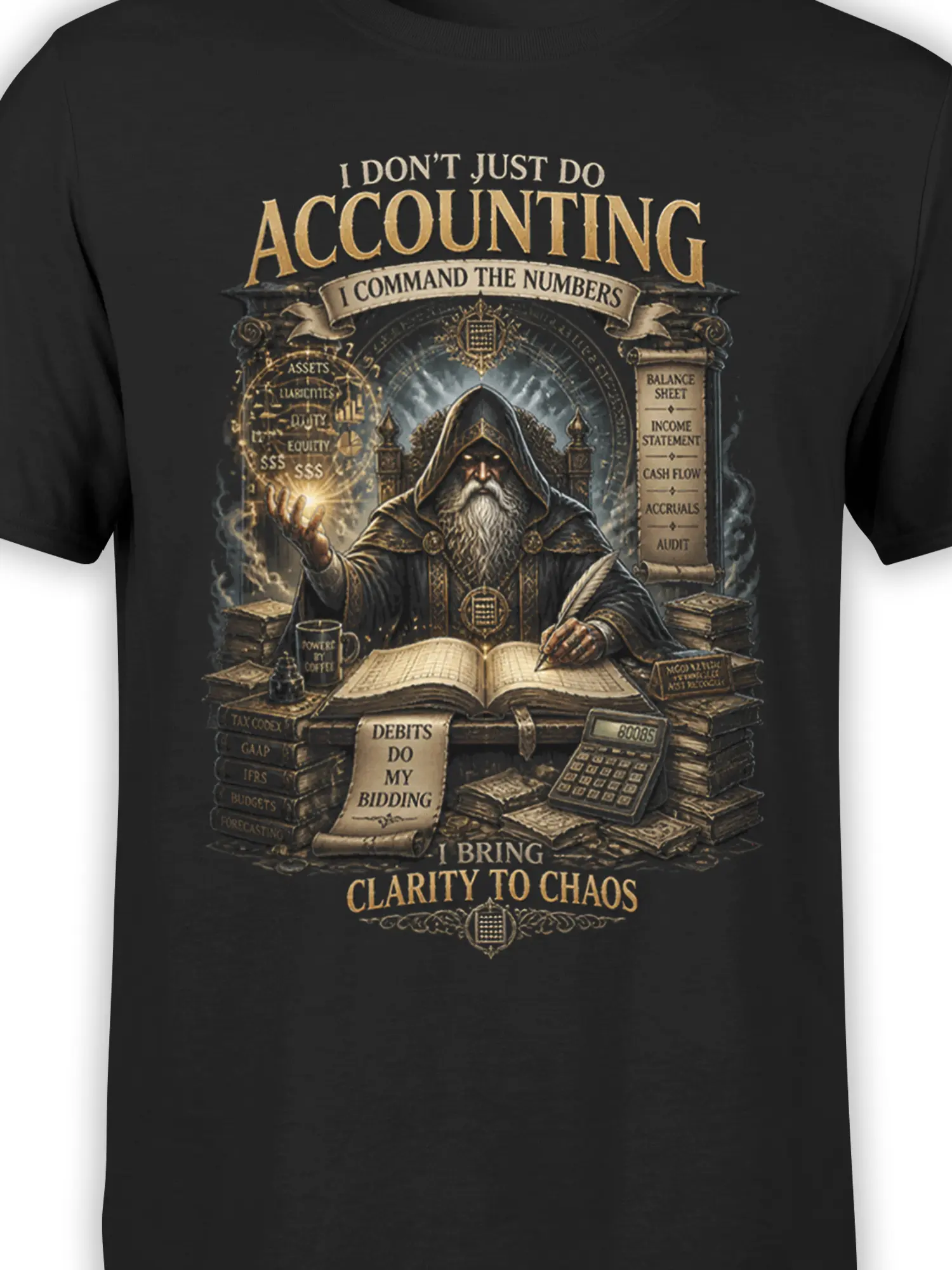 Close-up of the accountant wizard design with spellbook, glowing hand, and detailed accounting text on black fabric