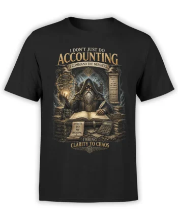 Black unisex t-shirt with an epic accountant wizard commanding numbers, ledgers, and glowing magic in detailed fantasy art