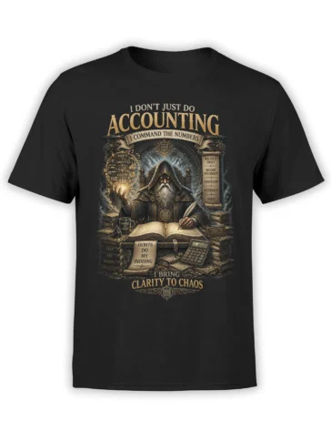 Black unisex t-shirt with an epic accountant wizard commanding numbers, ledgers, and glowing magic in detailed fantasy art