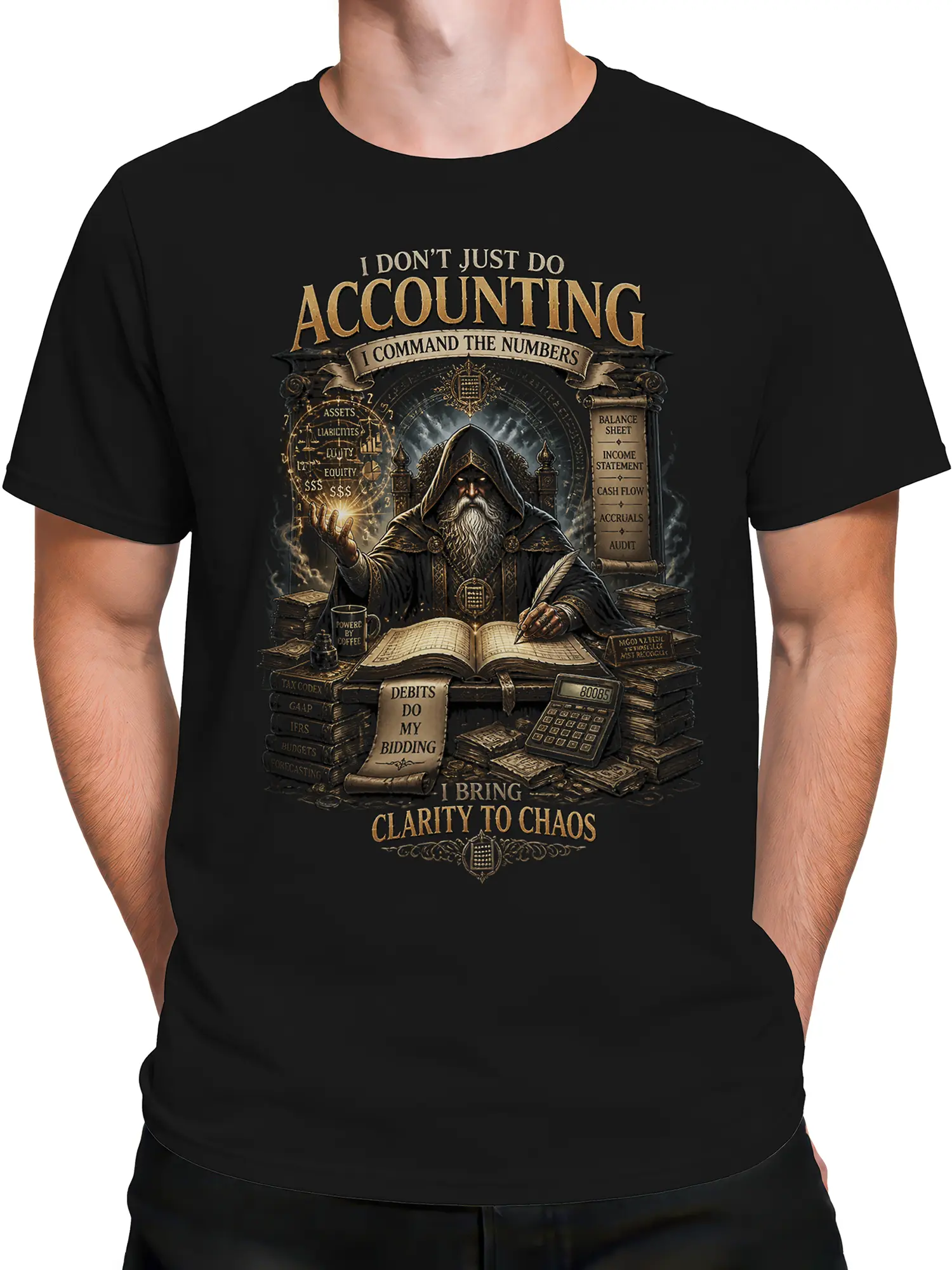 Man wearing black accountant wizard t-shirt with glowing magic and accounting books graphic