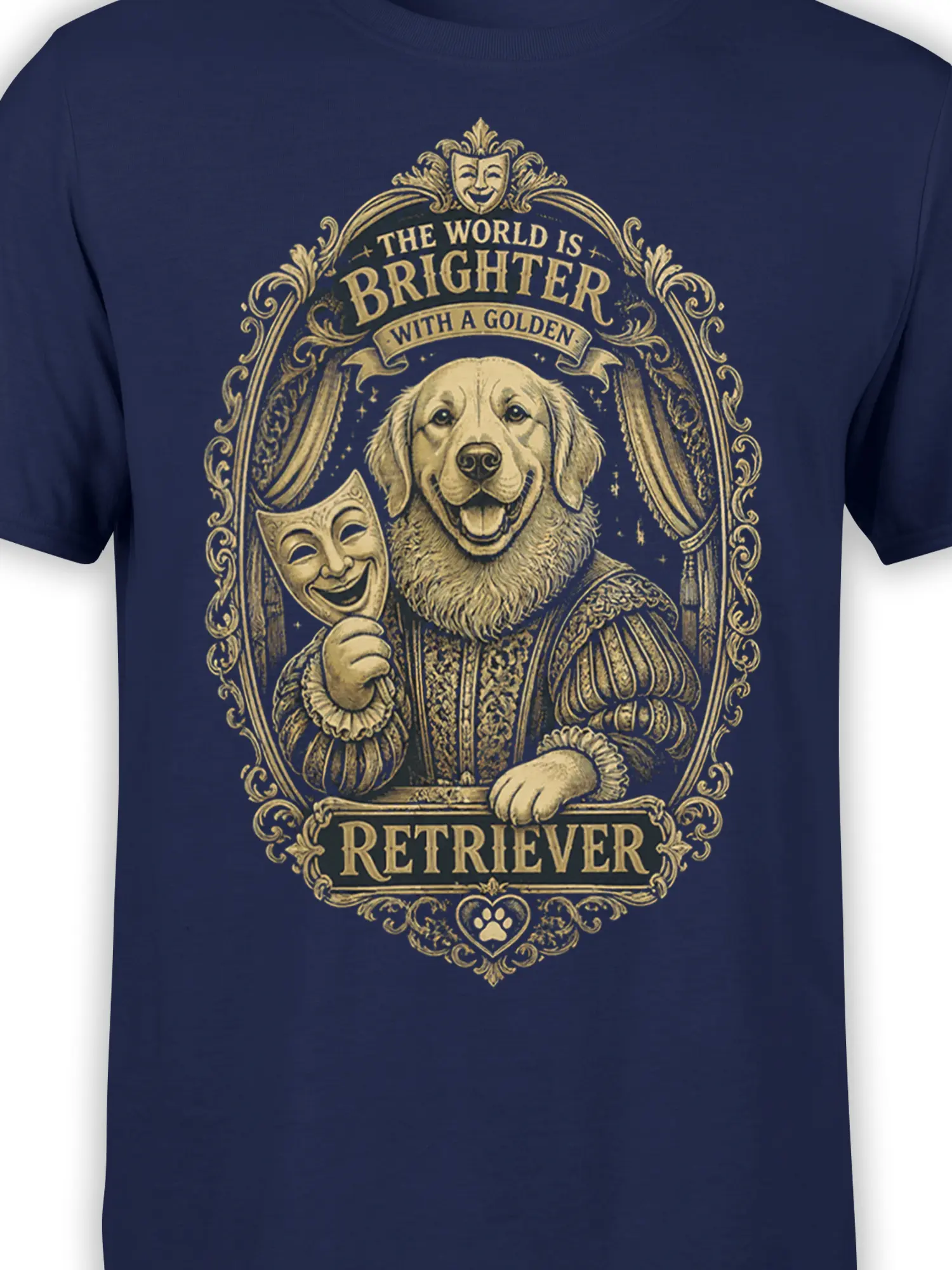 close-up of vintage golden retriever theater artwork and quote printed in gold ink on navy cotton fabric