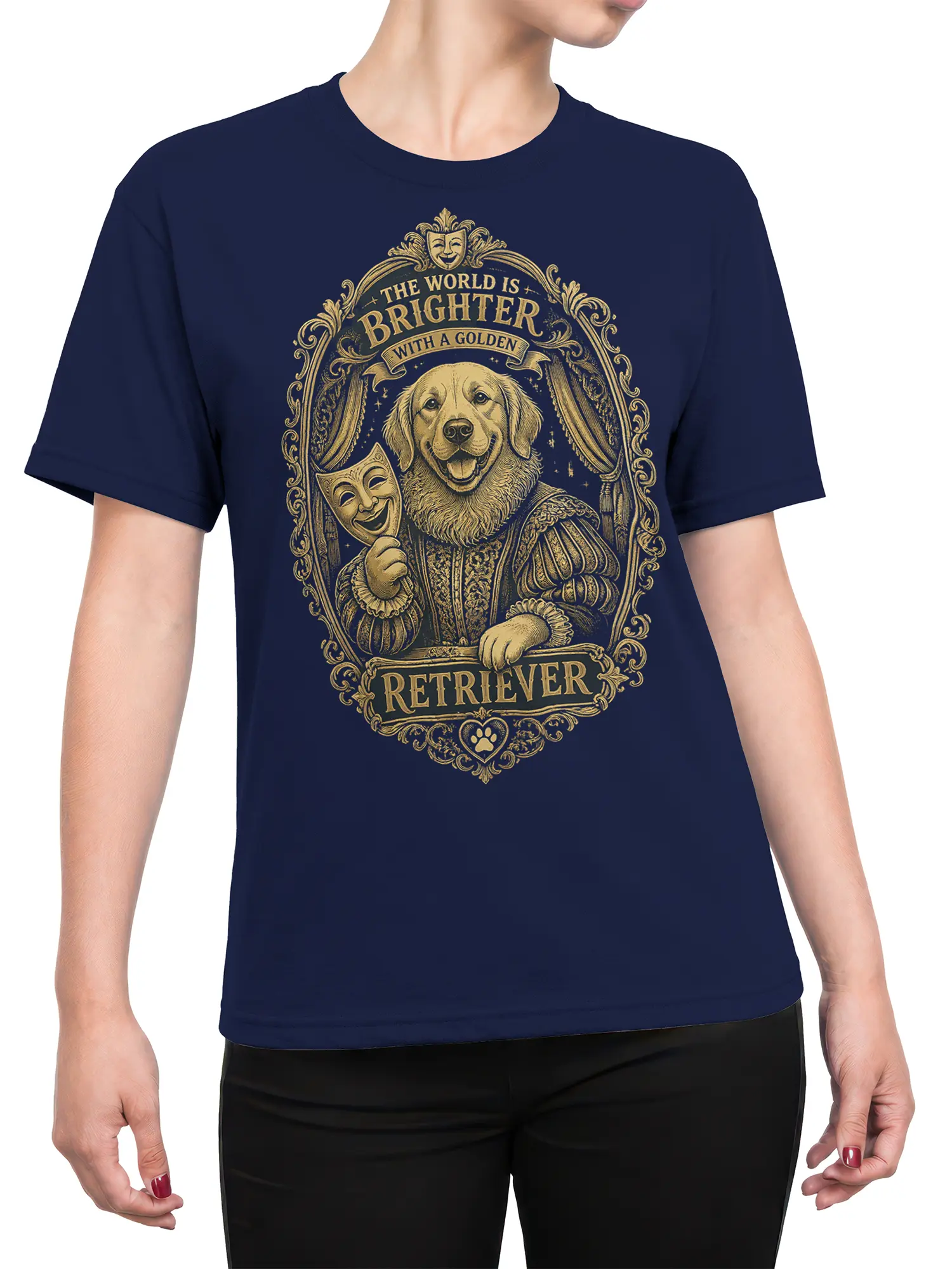 woman wearing navy golden retriever theater graphic shirt with ornate vintage frame and bright quote