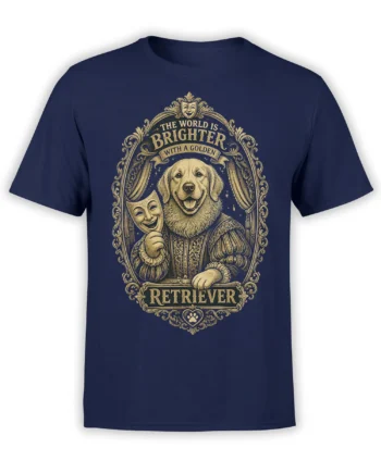 navy unisex t-shirt with ornate vintage golden retriever theater illustration and “The world is brighter with a golden retriever” quote