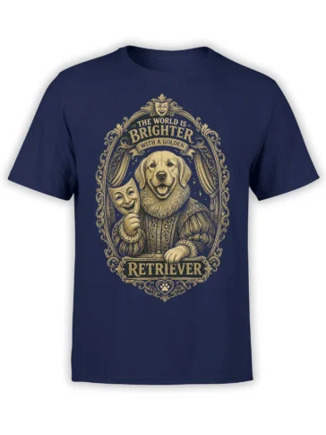 navy unisex t-shirt with ornate vintage golden retriever theater illustration and “The world is brighter with a golden retriever” quote