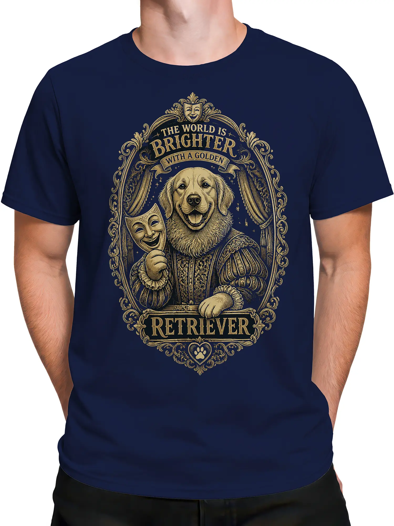 man wearing navy golden retriever dog shirt with vintage theater design and positive quote