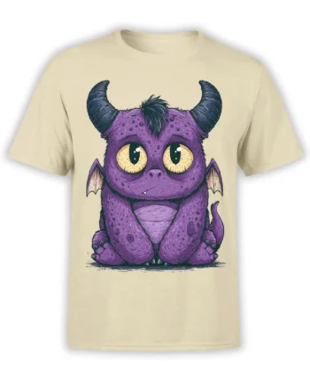 Beige unisex T-shirt with a cute purple baby monster graphic featuring horns, wings, and big golden eyes sitting in the center