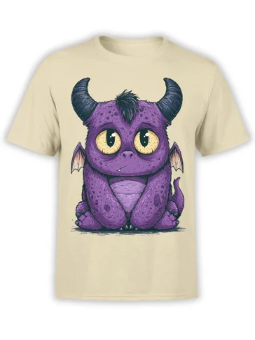 Beige unisex T-shirt with a cute purple baby monster graphic featuring horns, wings, and big golden eyes sitting in the center