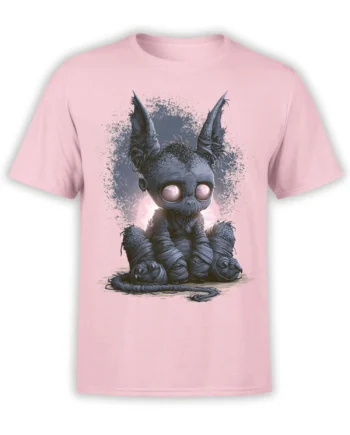 pink unisex t-shirt with a creepy cute wrapped bat creature featuring big glowing eyes in dark fantasy style
