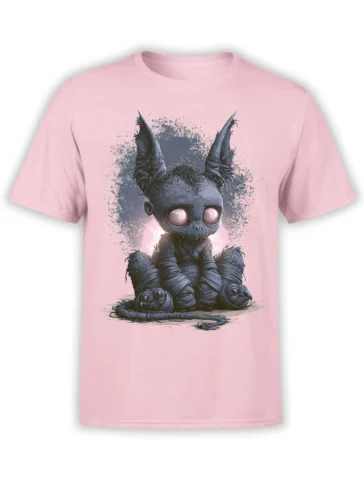 pink unisex t-shirt with a creepy cute wrapped bat creature featuring big glowing eyes in dark fantasy style