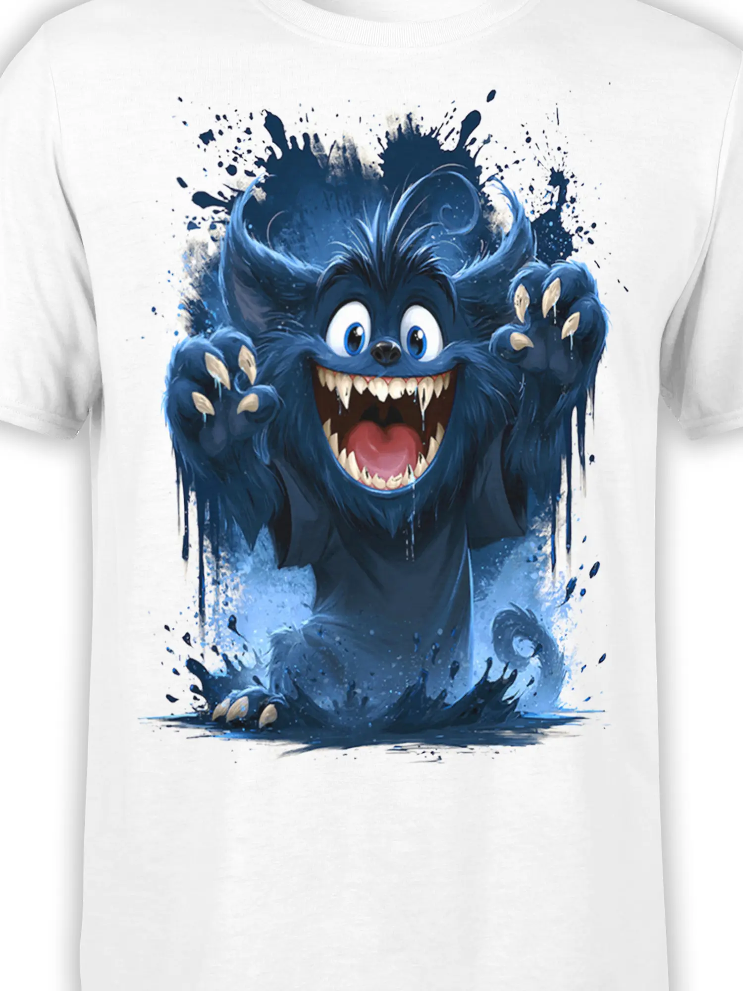 Close-up of blue cartoon monster face and claws in bold paint splash style on white T-shirt
