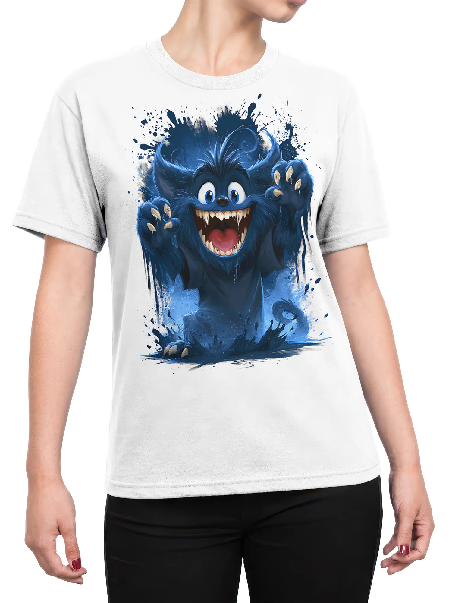 Woman wearing white T-shirt with blue cartoon monster bursting from paint splashes on the front