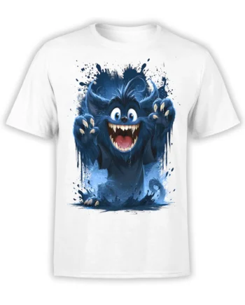 Front view of white T-shirt with a crazy blue cartoon monster bursting from dark blue paint splashes in a bold fantasy design