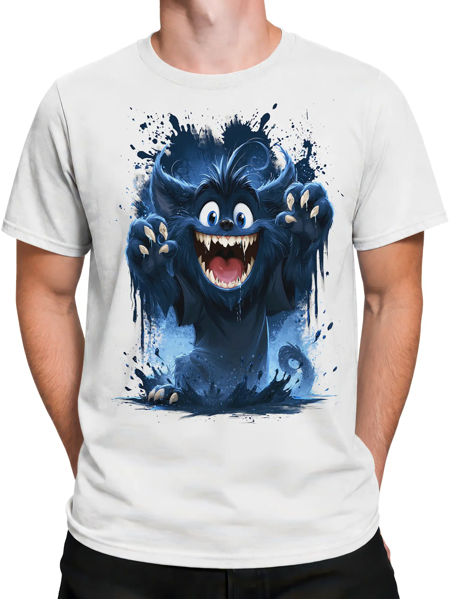 Man wearing white T-shirt with crazy blue monster and dark blue paint splashes