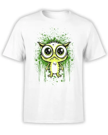 White unisex t-shirt with a cute yellow-green alien monster and green paint splatter artwork centered on the chest