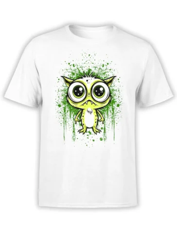 White unisex t-shirt with a cute yellow-green alien monster and green paint splatter artwork centered on the chest