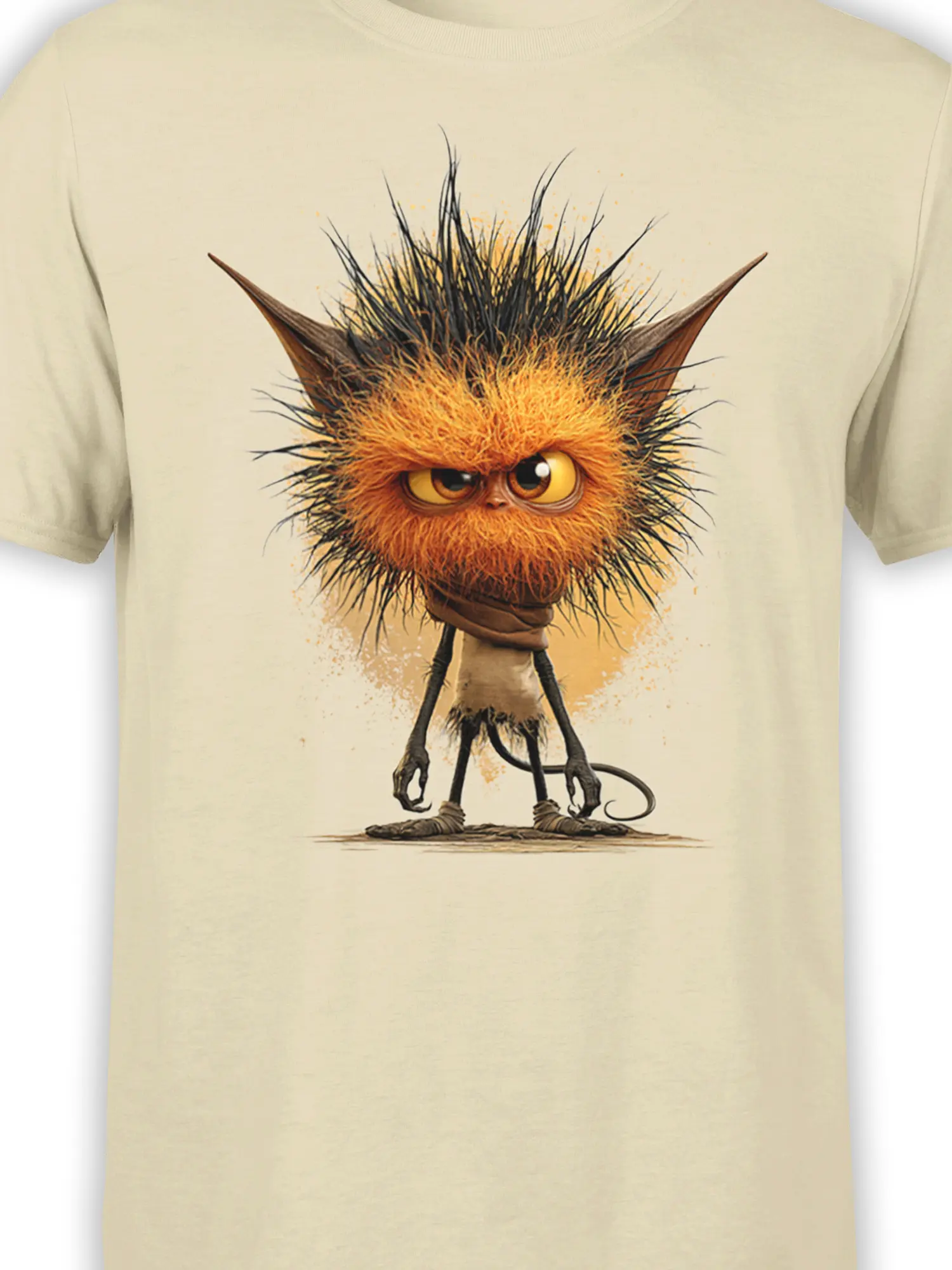 Close-up of the spiky orange and black gremlin monster graphic highlighting its angry eyes, fuzzy texture, and detailed fantasy style