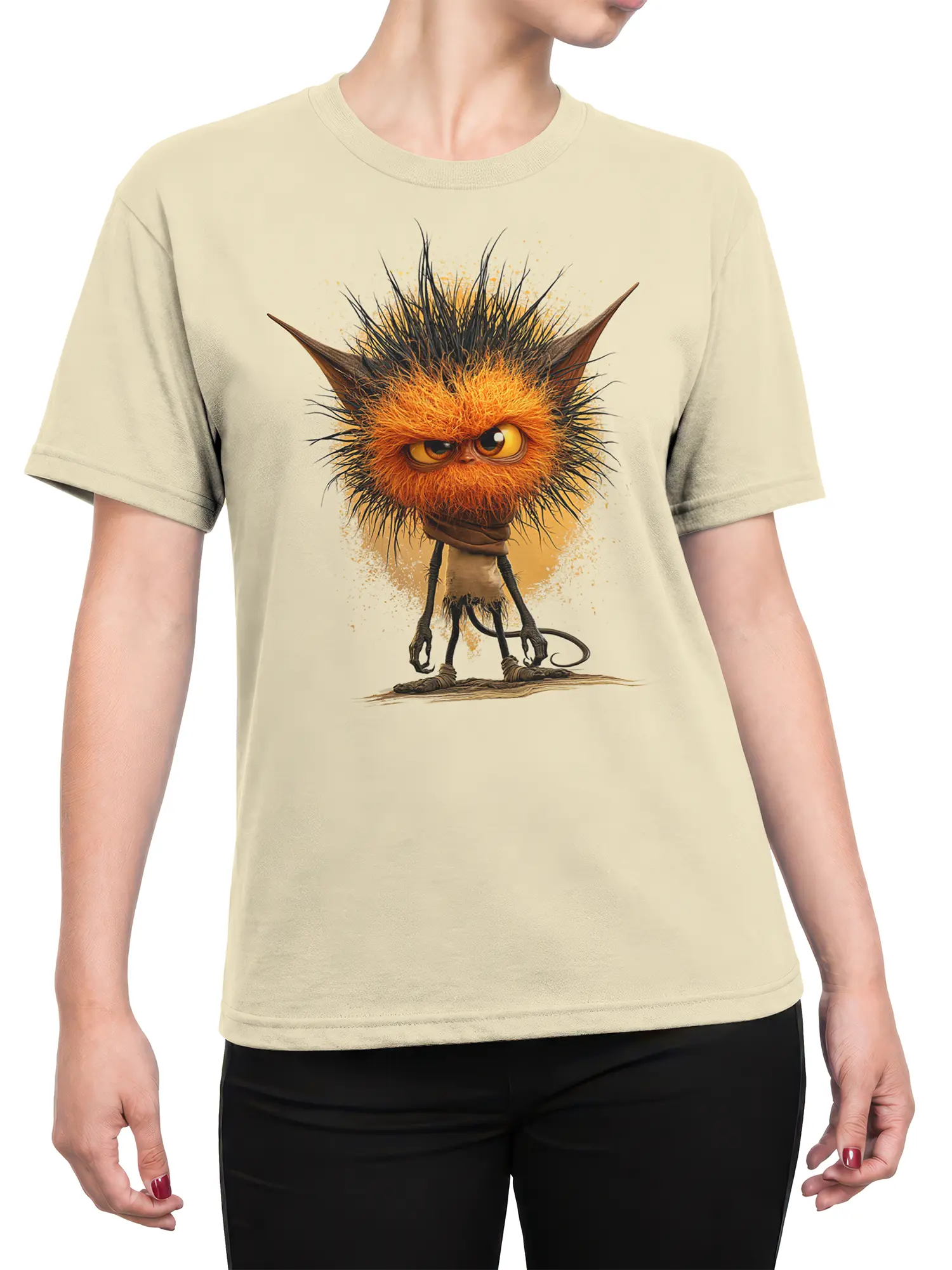 Woman wearing the beige gremlin monster T-shirt with the spiky orange creature centered on the front in a relaxed casual fit