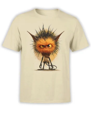 Beige unisex T-shirt with a grumpy gremlin-style monster featuring wild spiky orange fur, long limbs, and pointed ears printed on the chest