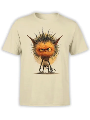 Beige unisex T-shirt with a grumpy gremlin-style monster featuring wild spiky orange fur, long limbs, and pointed ears printed on the chest