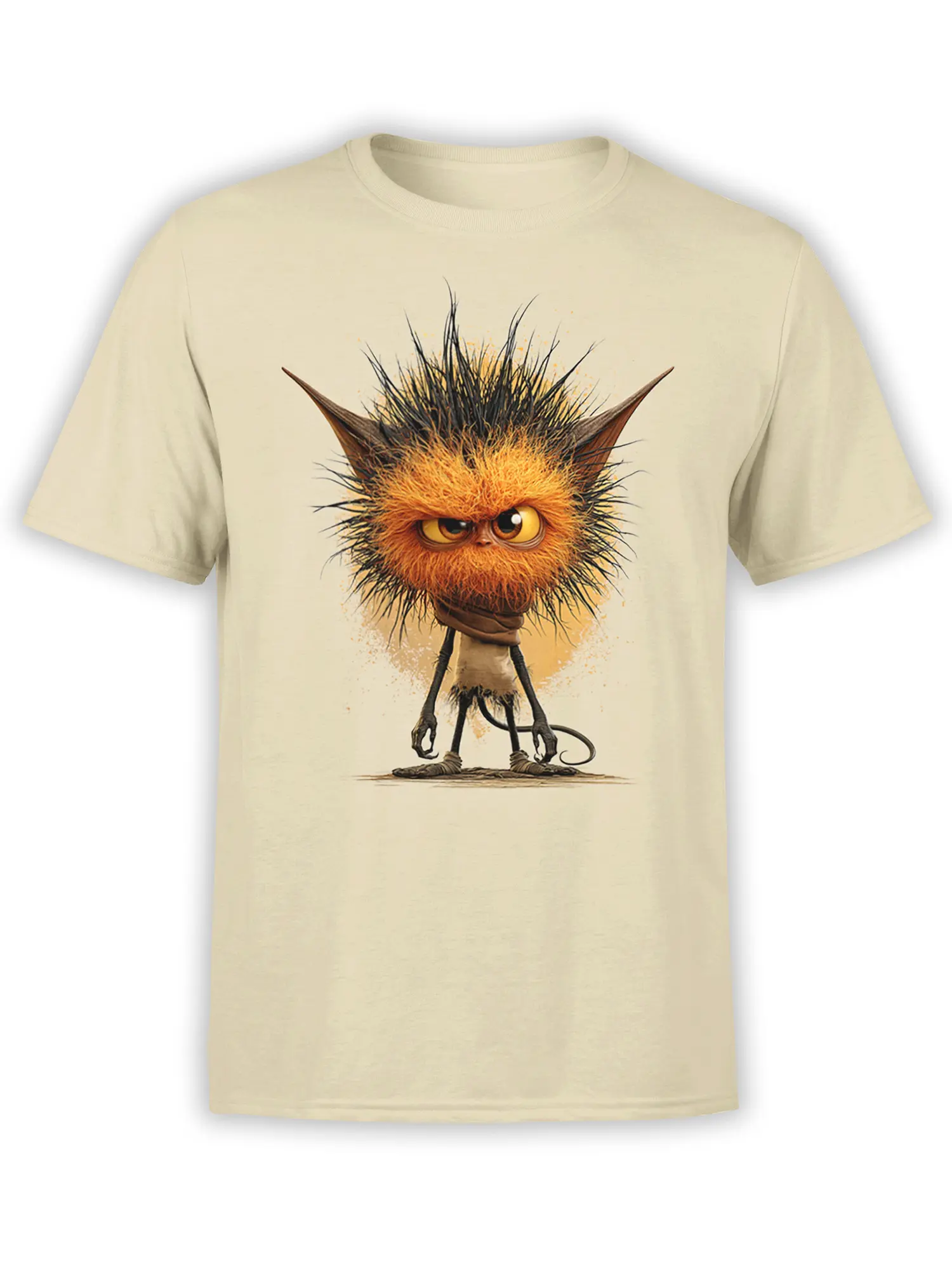 Beige unisex T-shirt with a grumpy gremlin-style monster featuring wild spiky orange fur, long limbs, and pointed ears printed on the chest
