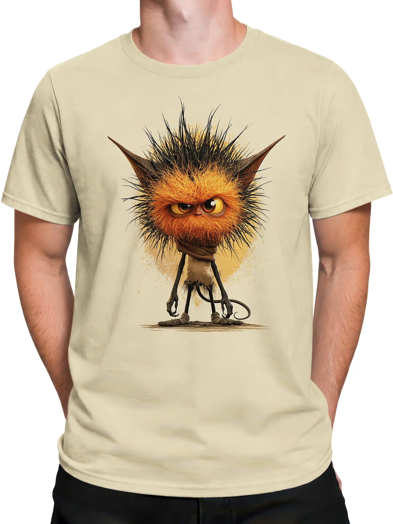 Man wearing the beige T-shirt featuring a spiky orange gremlin-style monster with long limbs and a grumpy face
