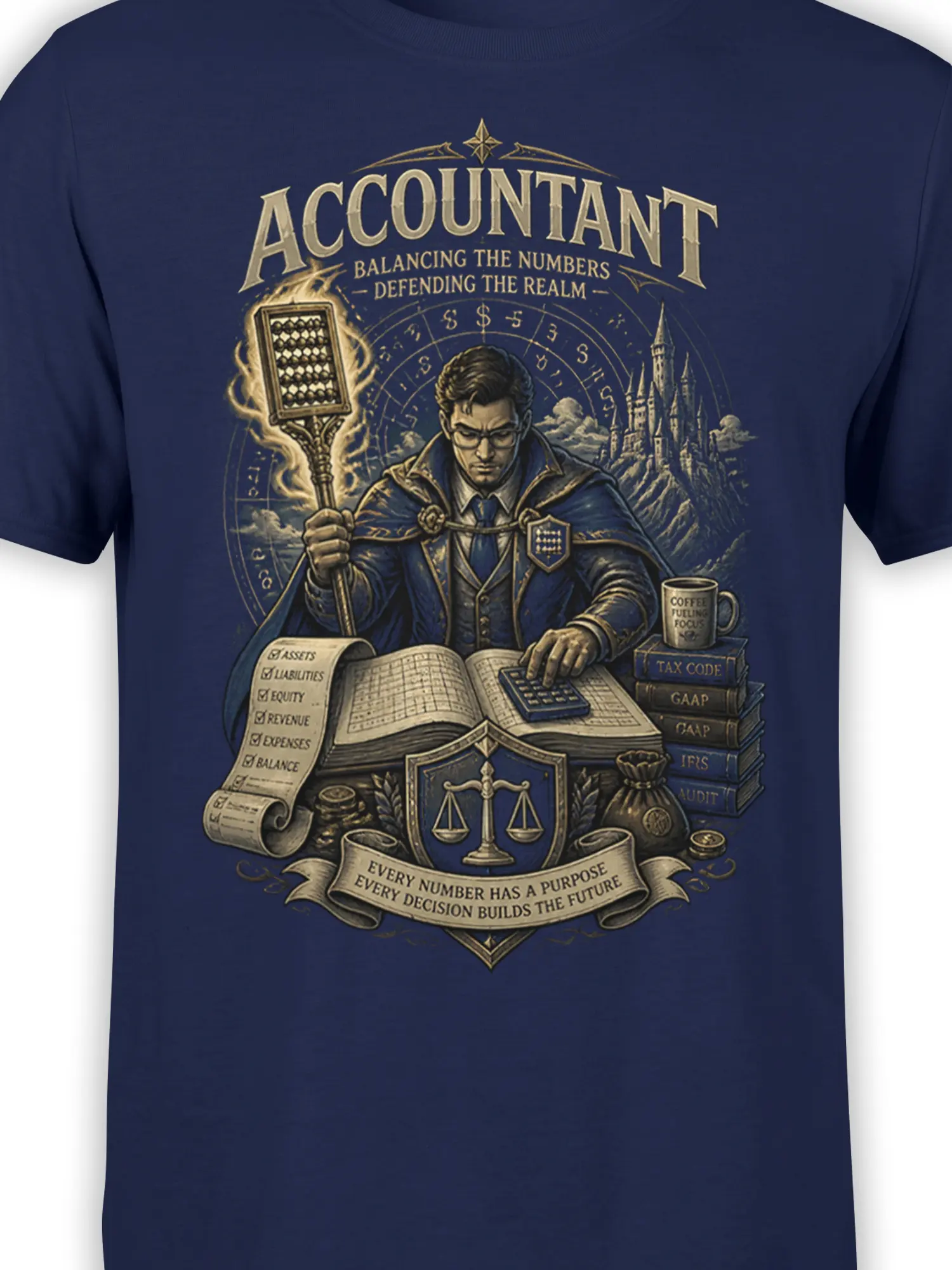 close-up of detailed accountant wizard graphic with flaming abacus, open ledger, scales shield, and coffee mug on navy fabric