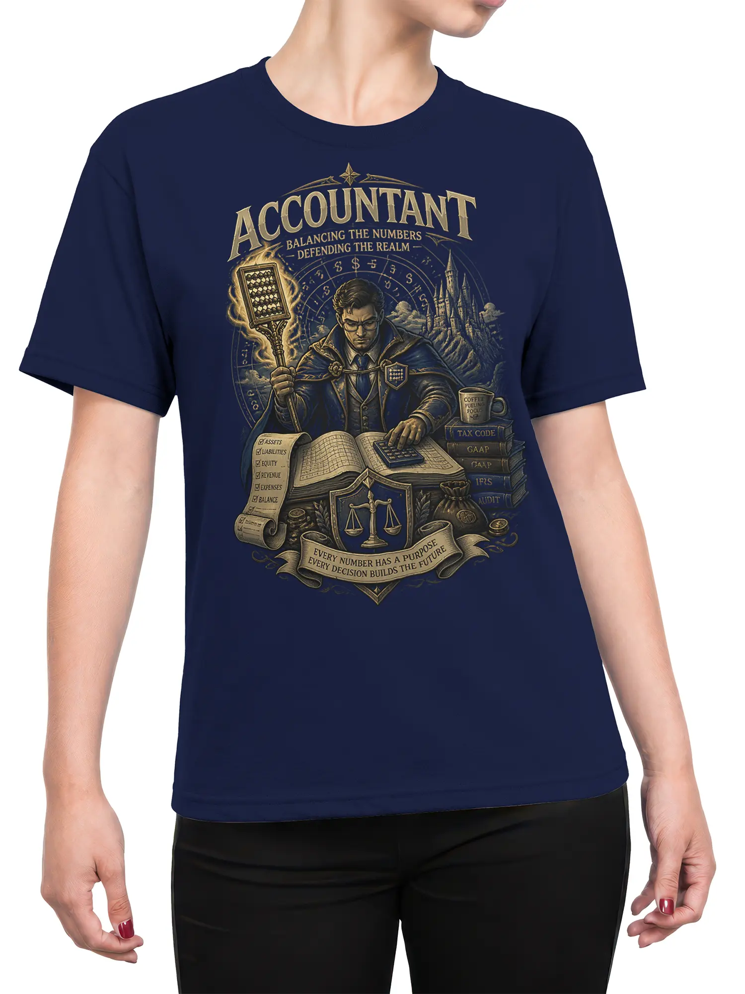 woman wearing navy accountant wizard T-shirt with epic fantasy number mage design on the front
