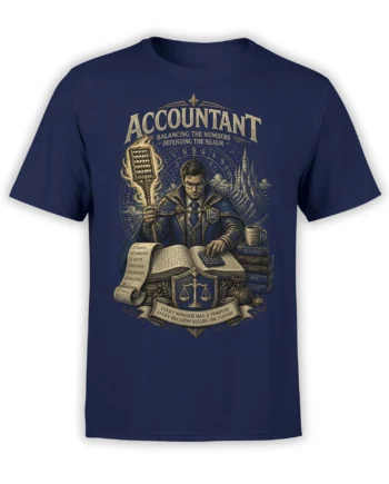 navy unisex T-shirt with fantasy accountant wizard holding a flaming abacus, ledger, and tax books in an epic detailed design