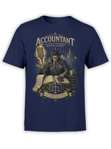 navy unisex T-shirt with fantasy accountant wizard holding a flaming abacus, ledger, and tax books in an epic detailed design