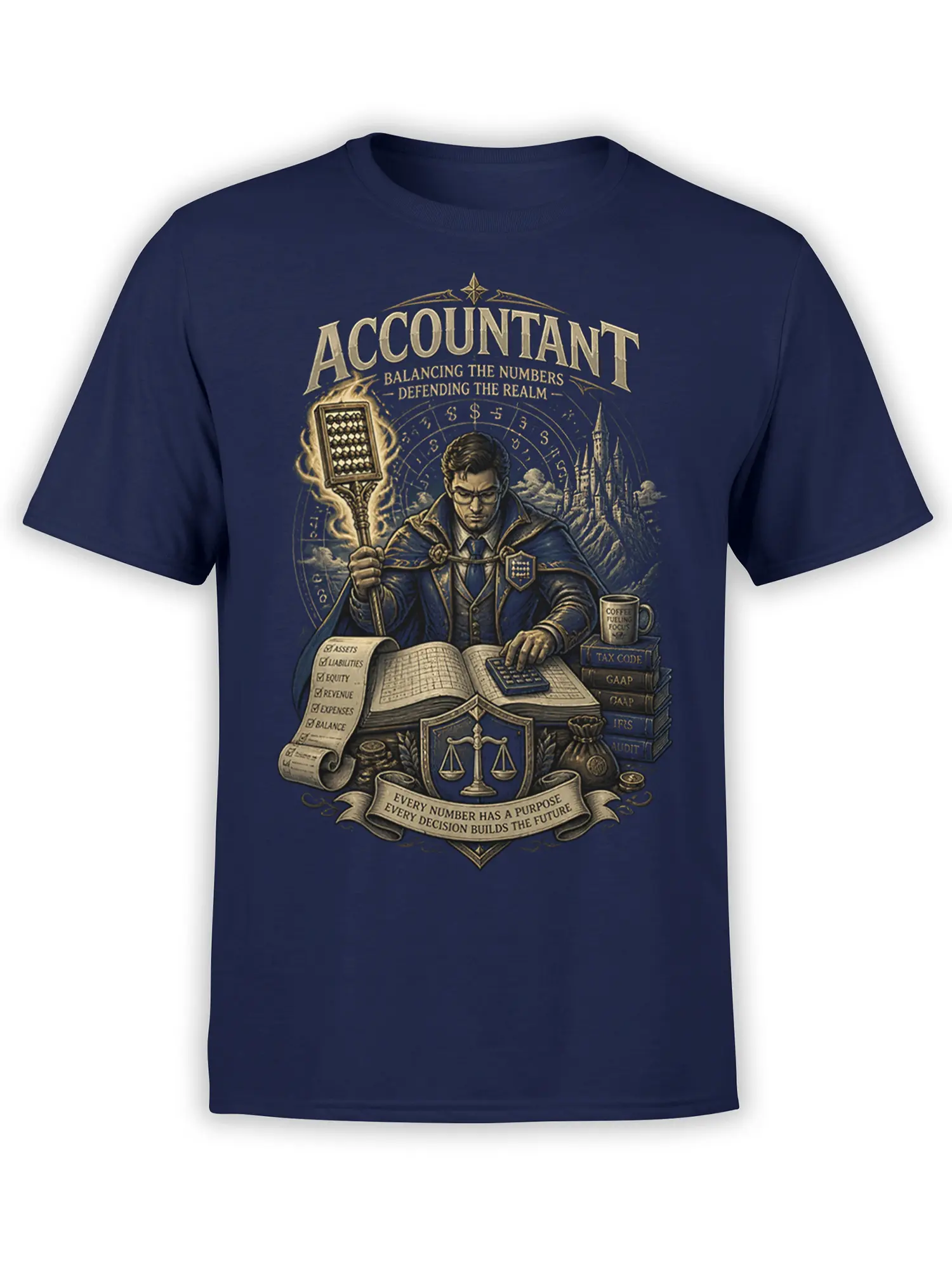 navy unisex T-shirt with fantasy accountant wizard holding a flaming abacus, ledger, and tax books in an epic detailed design
