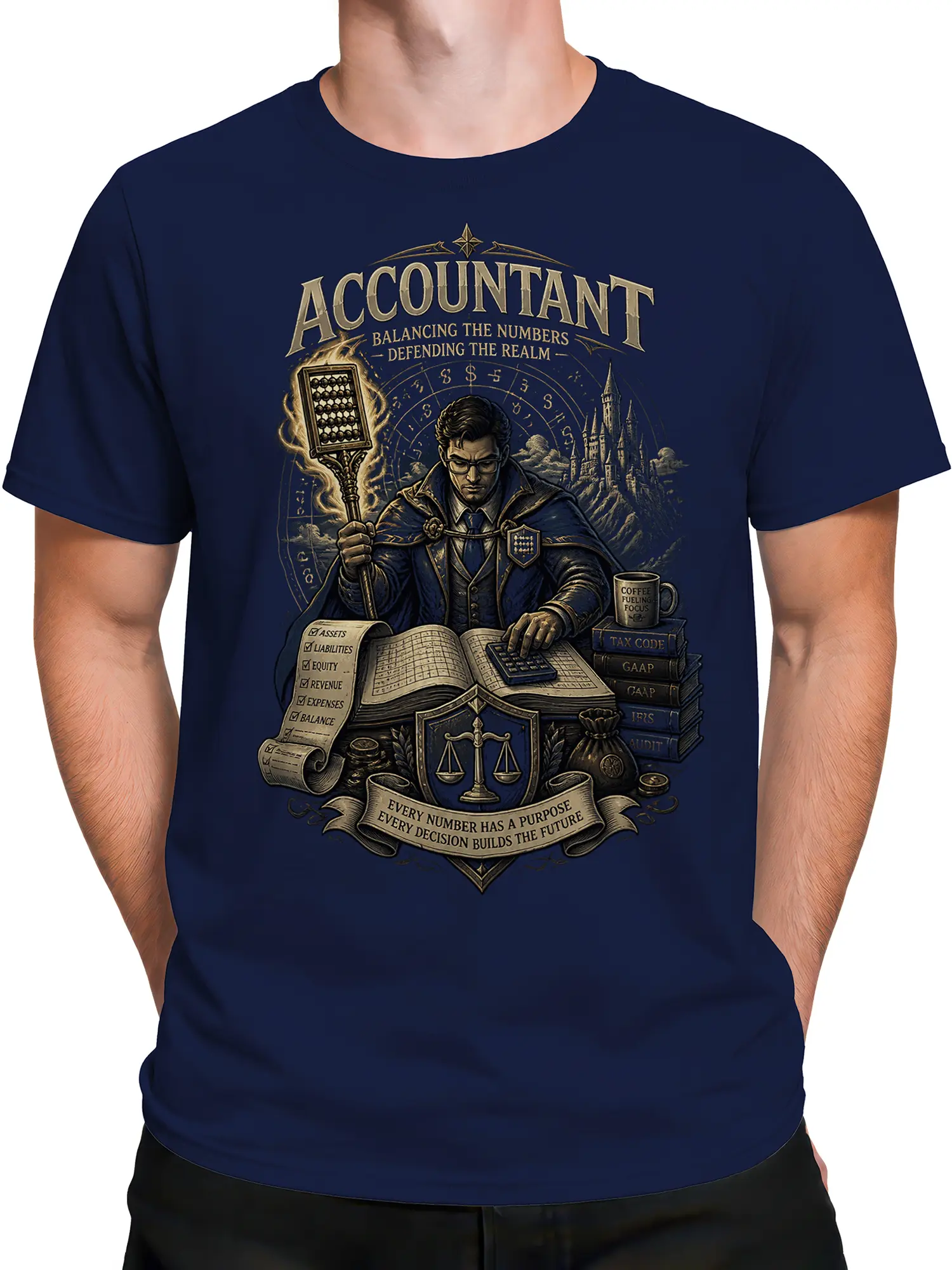 man wearing navy accountant wizard T-shirt with flaming abacus and ledger fantasy artwork