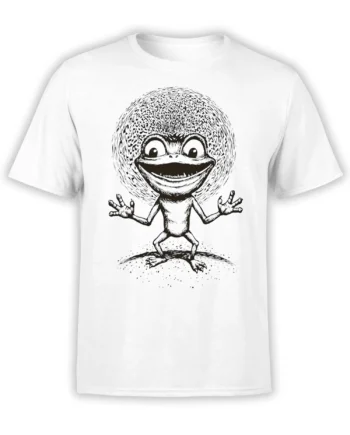 White unisex t-shirt with black and white frog-like alien graphic featuring big eyes, wide grin, and fuzzy halo