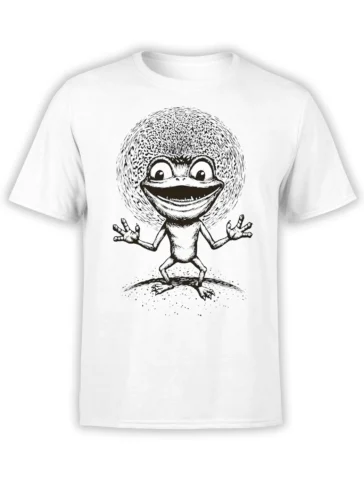 White unisex t-shirt with black and white frog-like alien graphic featuring big eyes, wide grin, and fuzzy halo