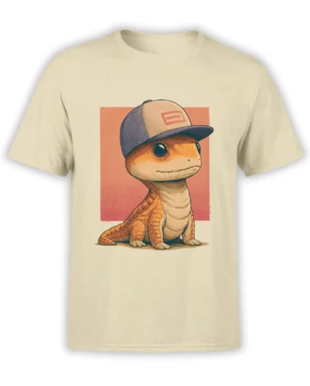 Beige unisex t-shirt featuring a cute orange lizard in a baseball cap sitting in front of a peach square graphic