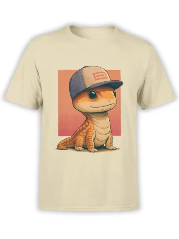 Beige unisex t-shirt featuring a cute orange lizard in a baseball cap sitting in front of a peach square graphic