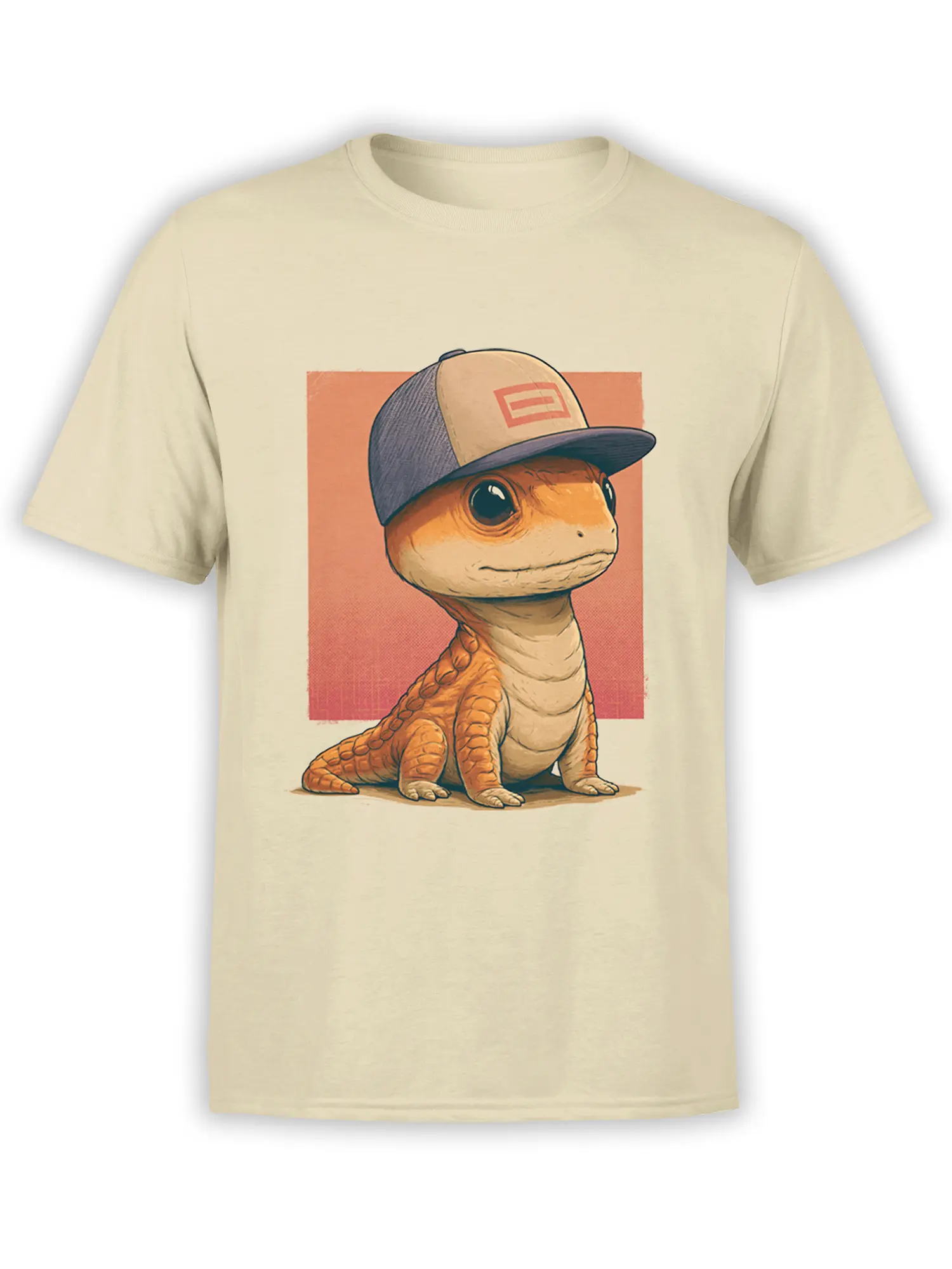 Beige unisex t-shirt featuring a cute orange lizard in a baseball cap sitting in front of a peach square graphic