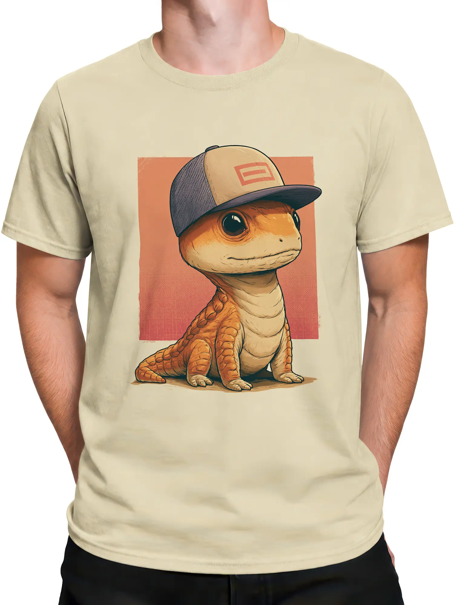Man wearing beige t-shirt with cute lizard in baseball cap illustration
