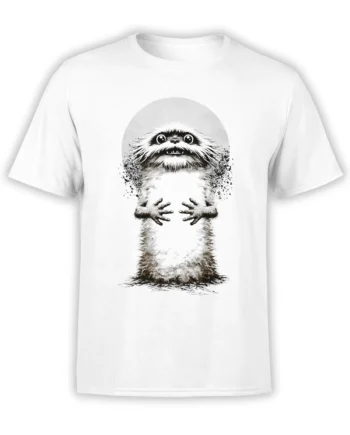 White unisex t-shirt featuring a tall fuzzy black and white creature with wide eyes and tiny hands in front of a soft circular halo