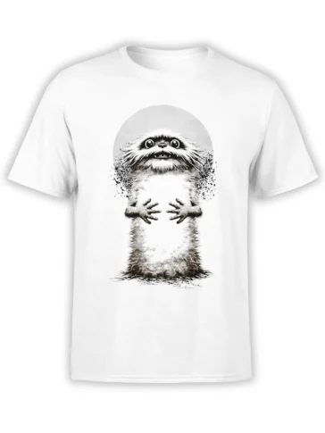 White unisex t-shirt featuring a tall fuzzy black and white creature with wide eyes and tiny hands in front of a soft circular halo