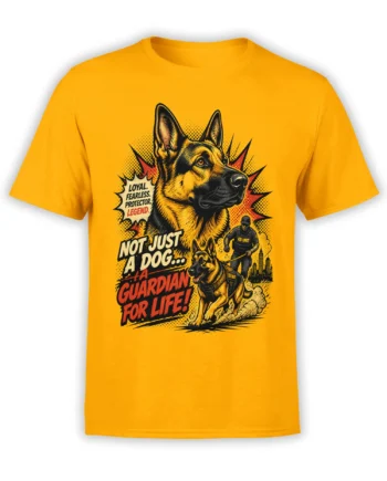 Yellow unisex T-shirt with bold German Shepherd K9 police dog comic-style design and guardian for life text on the chest