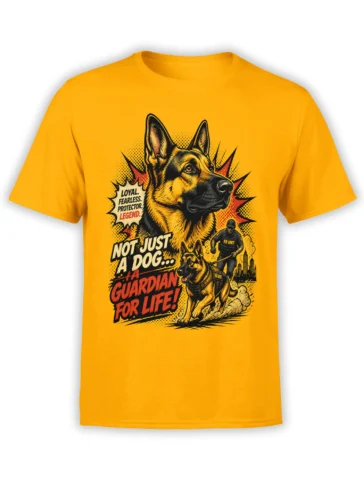 Yellow unisex T-shirt with bold German Shepherd K9 police dog comic-style design and guardian for life text on the chest