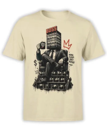 Beige unisex shirt with surreal boss in a suit, office-building head, stacked cubicle workers and work sleep obey repeat graffiti design