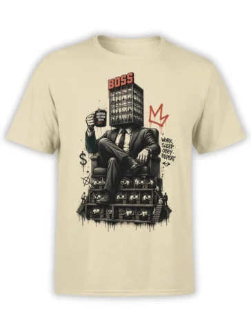 Beige unisex shirt with surreal boss in a suit, office-building head, stacked cubicle workers and work sleep obey repeat graffiti design